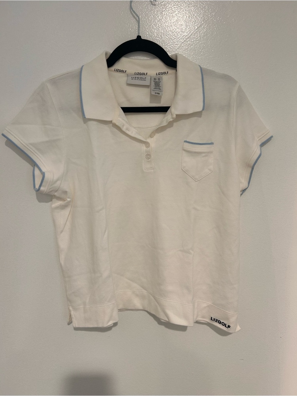 Women's White Polo Shirt with Light Blue Trim